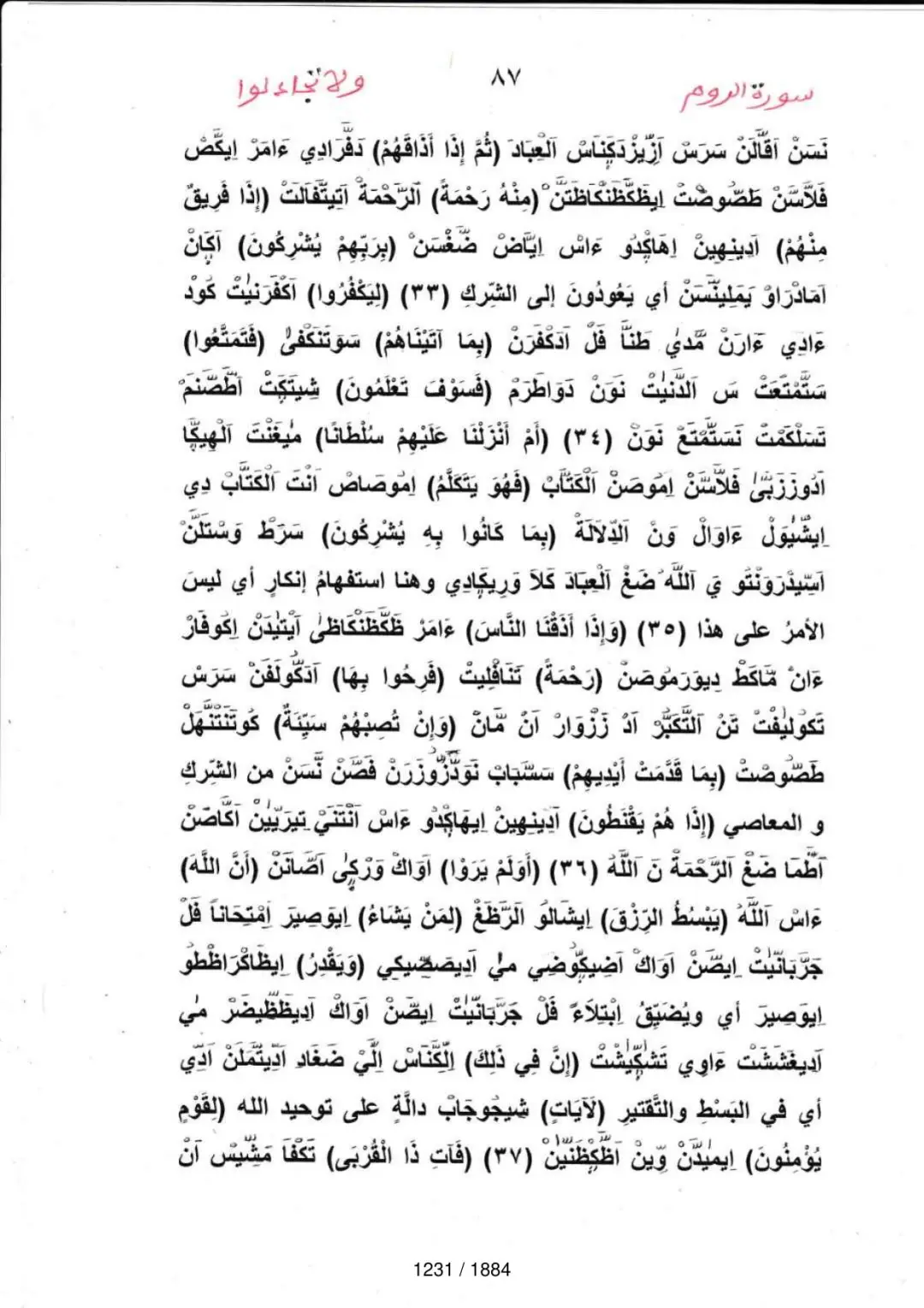 Page 1233 du tafsir en tamasheq, sourate Ar-Rum
